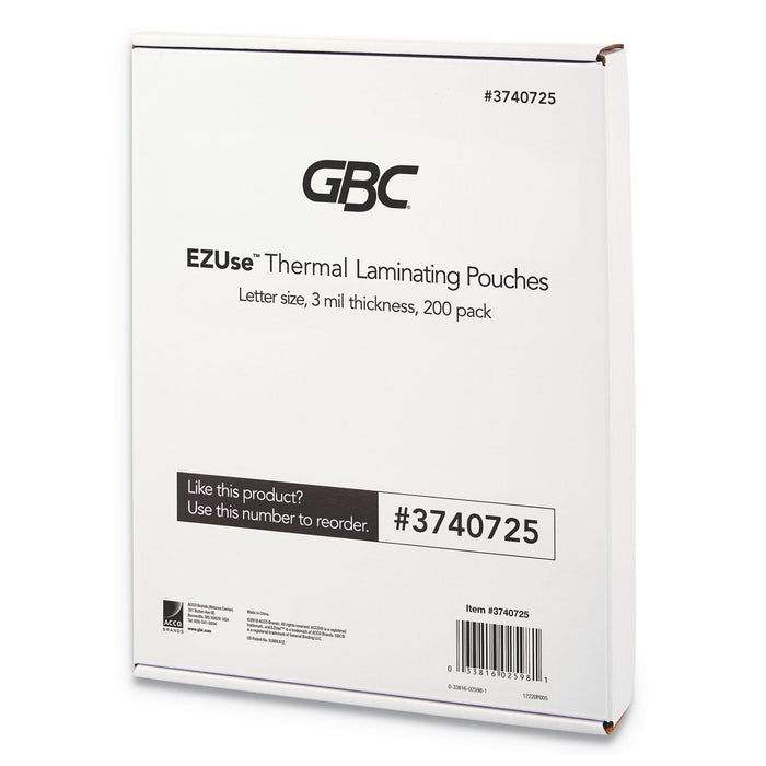 GBC EZUse Thermal Laminating Pouches, 3 mil, 8.5" x 11", Gloss Clear, 200/Pack