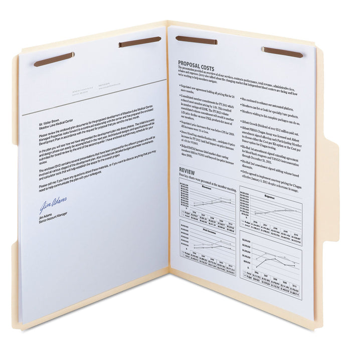 Smead SuperTab Reinforced Guide Height Fastener Folders, 2 Fasteners, Letter Size, 14-pt Manila Exterior, 50/Box
