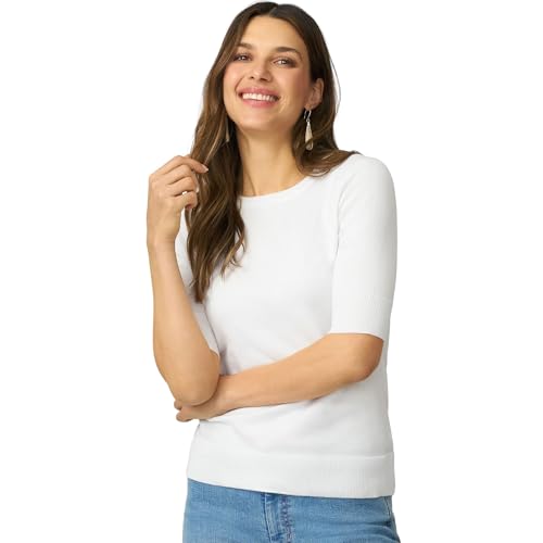 Cable and Gauge White Short Elbow Sleeve Crewneck Sweater, Size Medium by Vanessa Jane