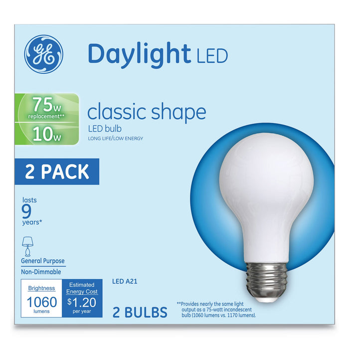 GE LED Classic Daylight A21 Light Bulb, 10 W, 2/Pack