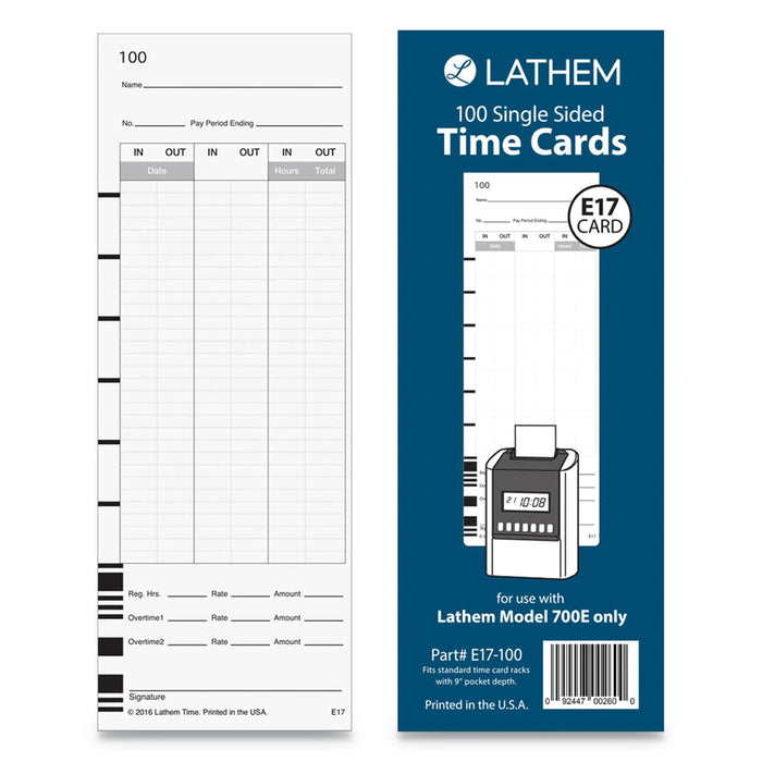 Lathem Time Clock Cards for Lathem Time 700E, One Side, 3.5 x 9, 100/Pack