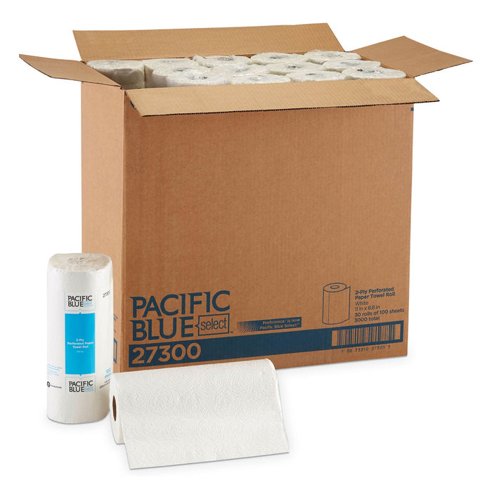 Georgia Pacific Pacific Blue Select Two-Ply Perforated Paper Kitchen Roll Towels, 2-Ply, 11 x 8.8, White, 100/Roll, 30 Rolls/Carton