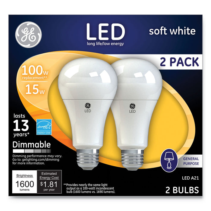 GE LED Soft White A21 Dimmable Light Bulb, 15 W, 2/Pack