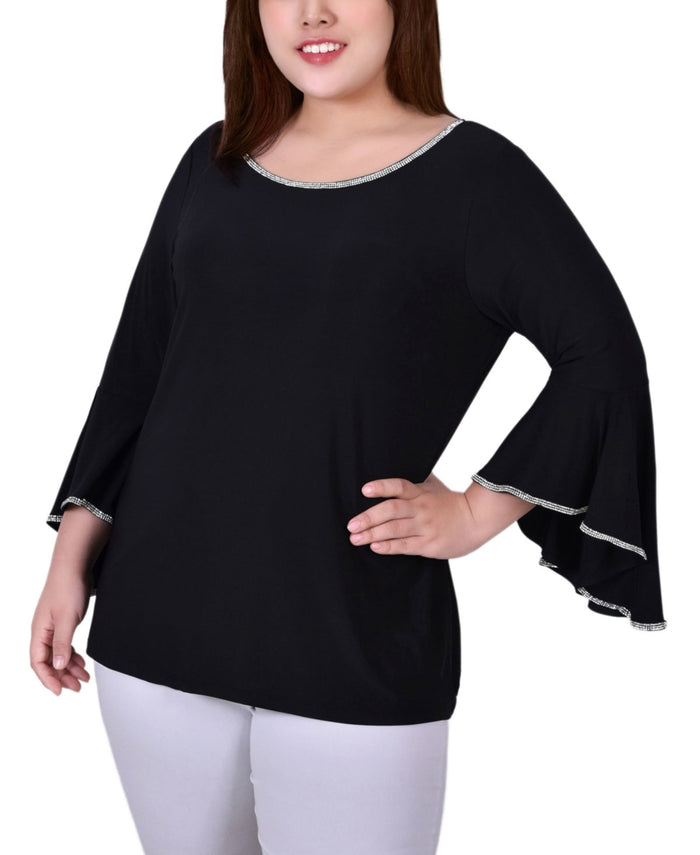 Ny Collection Plus Size Long Bell Sleeve Tunic Top with Stone Details, 1X by Vanessa Jane