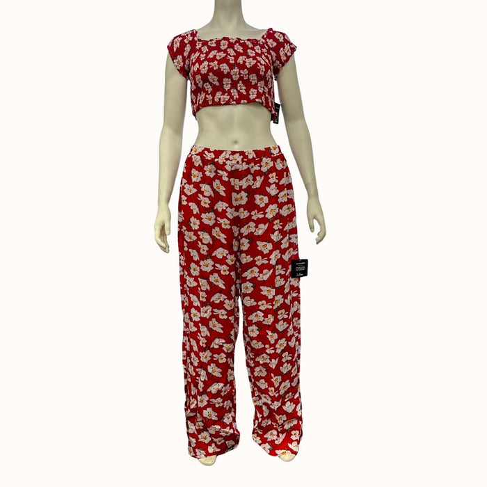Lulus Flirty Flowers Red Floral Print Smocked Two-Piece Jumpsuit, Size Large by Vanessa Jane