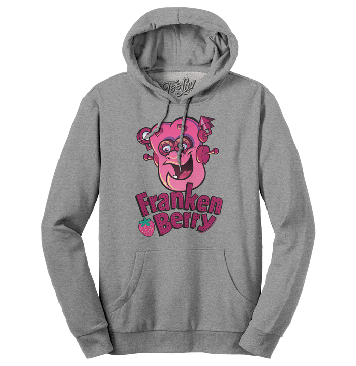 Franken Berry Monster Cereal Mascot Hooded Sweatshirt - Oxford Gray by Tee Luv