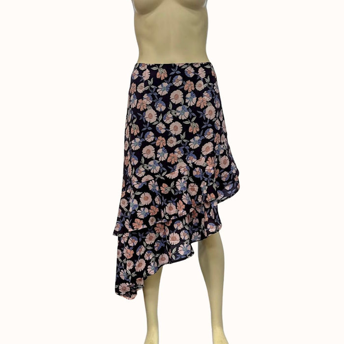 Lulus Boundless Beauty Black Floral Print Asymmetrical Midi Skirt, Size Medium by Vanessa Jane