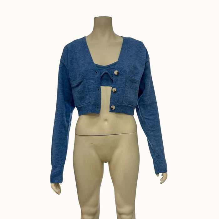 Lulus Cozy Duet Blue Knit Two-Piece Cardigan Set, Size Medium by Vanessa Jane