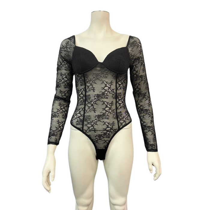 Lulus Tempting Romance Black Lace Long Sleeve Bodysuit, Size Medium by Vanessa Jane