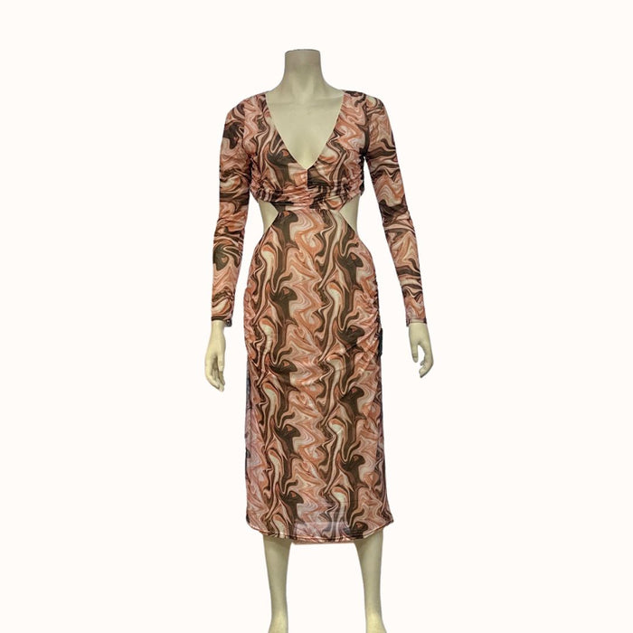 Lulus Swirl Power Pink Multi Print Cutout Bodycon Midi Dress, Size Large by Vanessa Jane