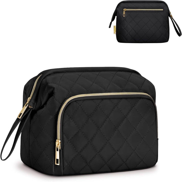 Wide-open Quilted Travel Makeup Organizer Bag with Handle: Black by Boutique 23