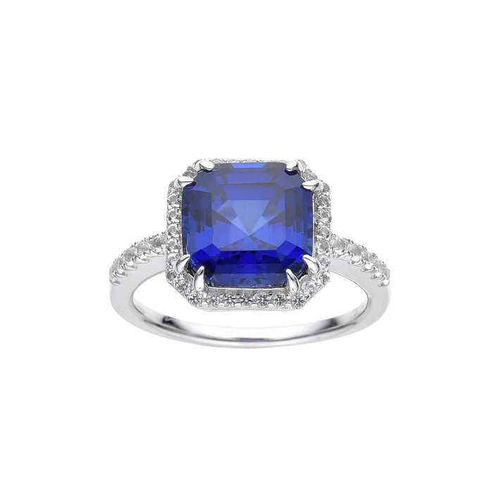 4.00 Ct Asscher Lab Created Blue Sapphire Prong Silver Halo Ring by Fine Color Jewels
