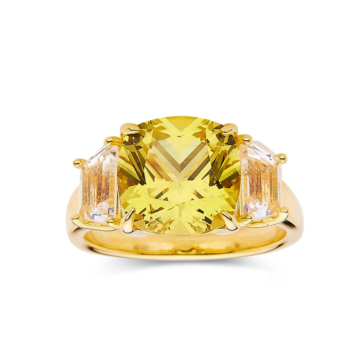 4.00 Ct Cushion Yellow Sapphire Prong 18k Yellow Gold Over Silver Three Stone Statement Ring by Fine Color Jewels