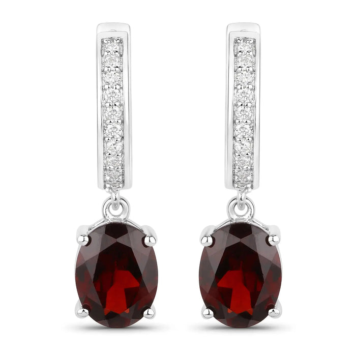 4.00 Ct Oval Red Garnet & Lab Diamond Prong Rhodium Plated Silver Dangle Earrings by Fine Color Jewels