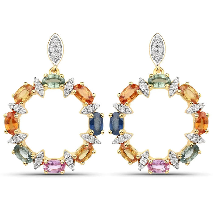 4.12 Carat Genuine Multi Sapphire 22K Yellow Gold Over Silver Dangle Earrings by Fine Color Jewels