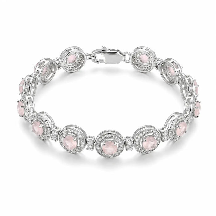 4.3 Ct Round Pink Rose Quartz Prong Silver Halo Tennis Link Bracelet by Fine Color Jewels