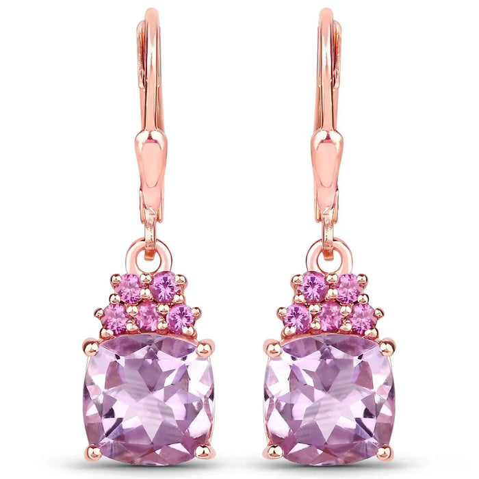 4.40 Ct Cushion Pink Amethyst Prong 18K Rose Gold Plated Silver Dangle Earrings by Fine Color Jewels