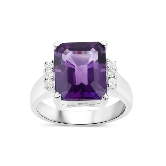 4.84 Ct Octagon Purple Amethyst and White Topaz Prong Silver Cocktail Ring by Fine Color Jewels