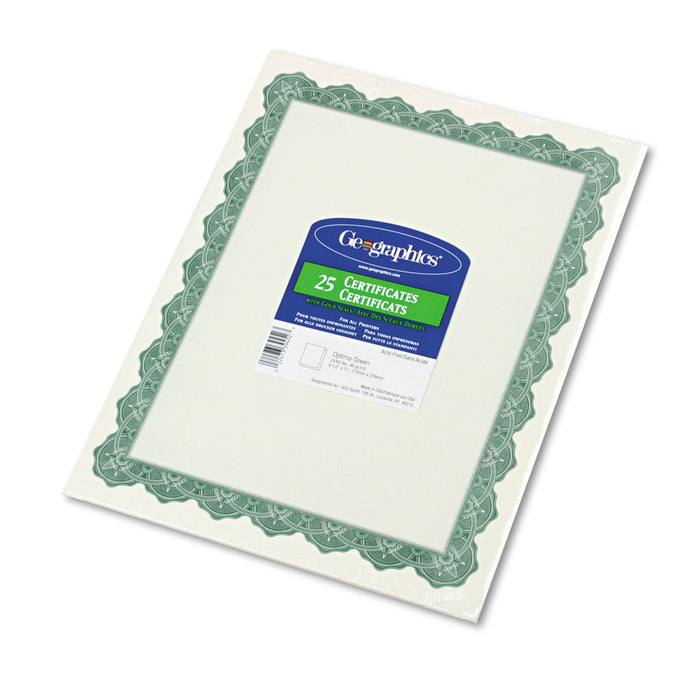 Geographics Parchment Paper Certificates, 8.5 x 11, Optima Green with White Border, 25/Pack