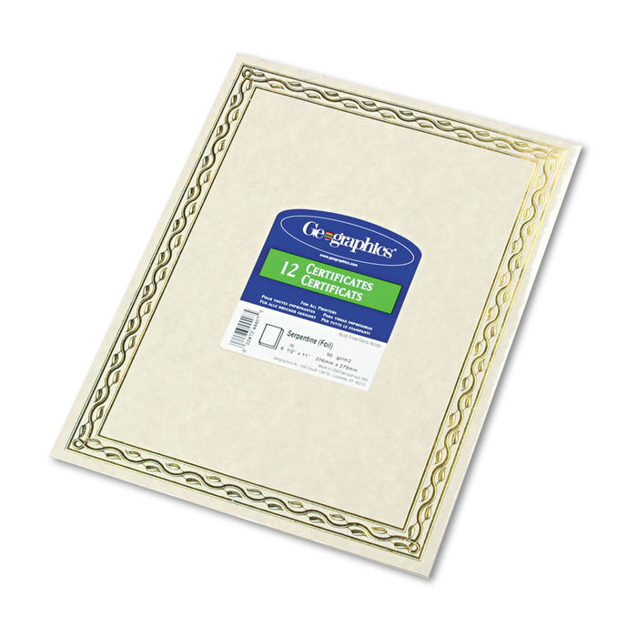 Geographics Foil Stamped Award Certificates, 8.5 x 11, Gold Serpentine with White Border, 12/Pack