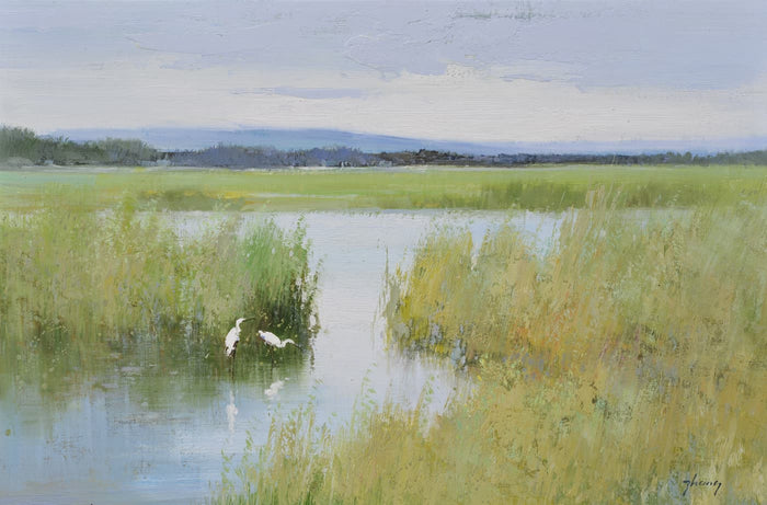 Original Oil Painting of Marsh with egrets by Nava Beauty