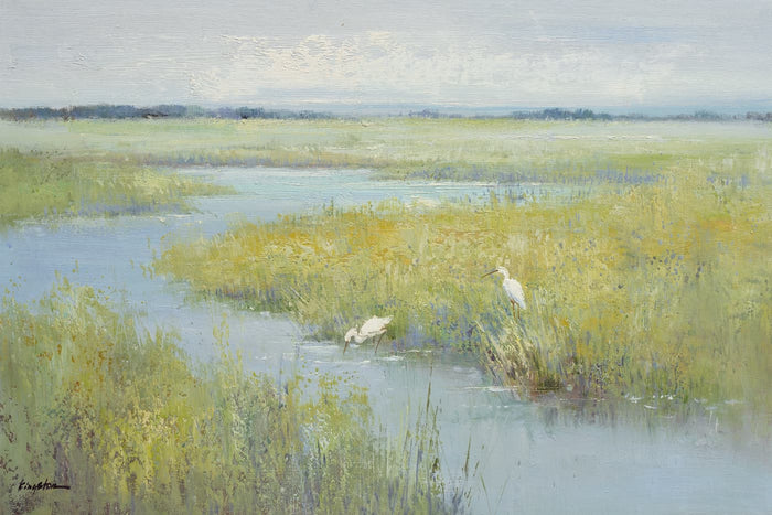 Original Oil Painting of Egrets In Water by Nava Beauty