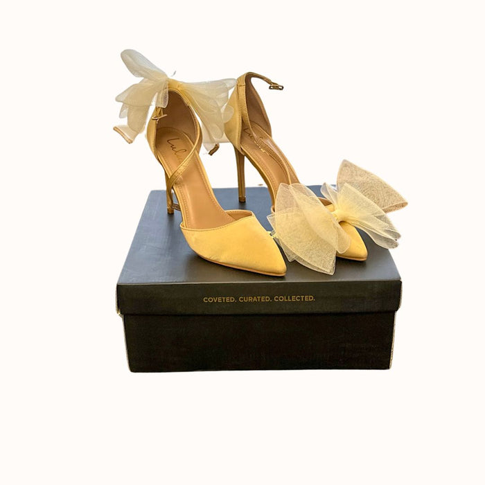 Lulus Tanyay Gold Satin Bow Pointed-Toe Ankle Strap Pumps, Size 8.5 by Vanessa Jane