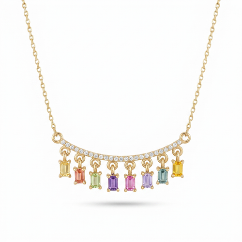 IGI Certified 0.78 Ct Baguette Multi Color Unheated Sapphire and Diamond 14K Yellow Gold Dangler Bar Necklace by Fine Color Jewels