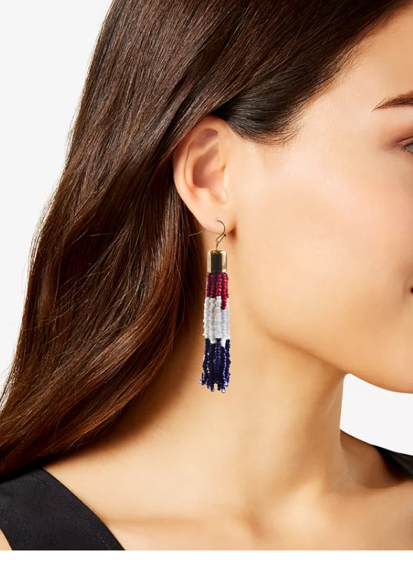 Holiday Lane Gold-Tone Red, White and Blue Seed Bead Tassel Drop Earrings by Vanessa Jane