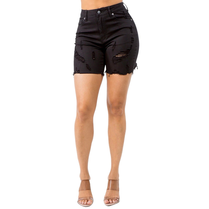 High Waist Distressed Denim Shorts -RSS20482 by The House of Stylez