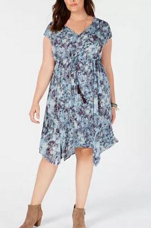 Style & Co Petite Drawstring-Waist Dress, Blue Multi, Size PS by Vanessa Jane