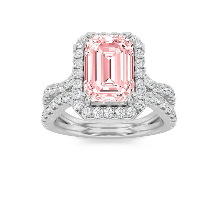 4Cttw Emerald Shaped Pink Lab Grown Diamond (F/VS) Split Shank Halo Engagement Ring 14K Gold by Fine Color Jewels