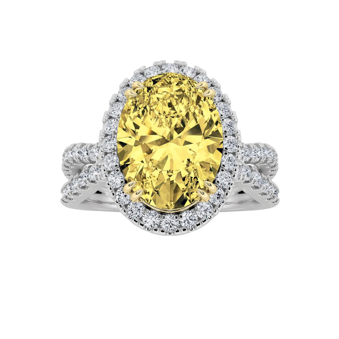 4Cttw Oval Shaped Yellow Lab Grown Diamond (F/VS) Split Shank Halo Engagement Ring 14K Gold by Fine Color Jewels