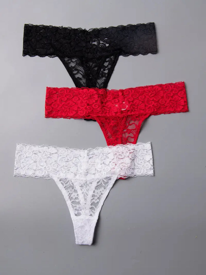 Womens 3pcs Flirty Solid Floral Lace Low-Rise Thongs, Size Medium by Vanessa Jane