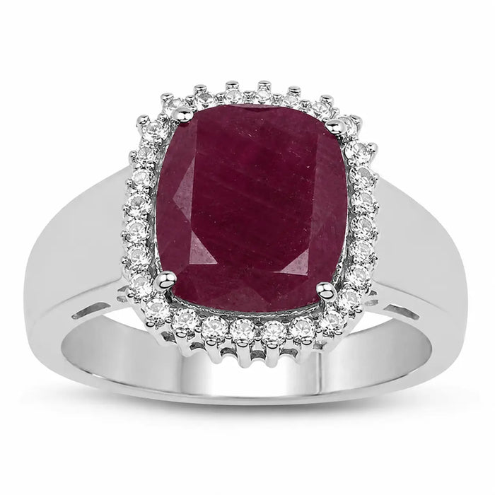 5.28 Ct Cushion Pink Ruby Prong Silver Halo Ring by Fine Color Jewels