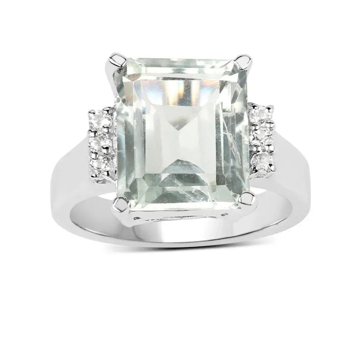 5.54 Ct Octagon Green Amethyst and White Topaz Prong Silver Bold Statement Ring by Fine Color Jewels