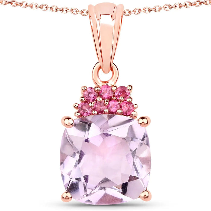 5.55 Ct Cushion Pink Amethyst Prong 18K Rose Gold Plated Silver Pendant Necklace by Fine Color Jewels
