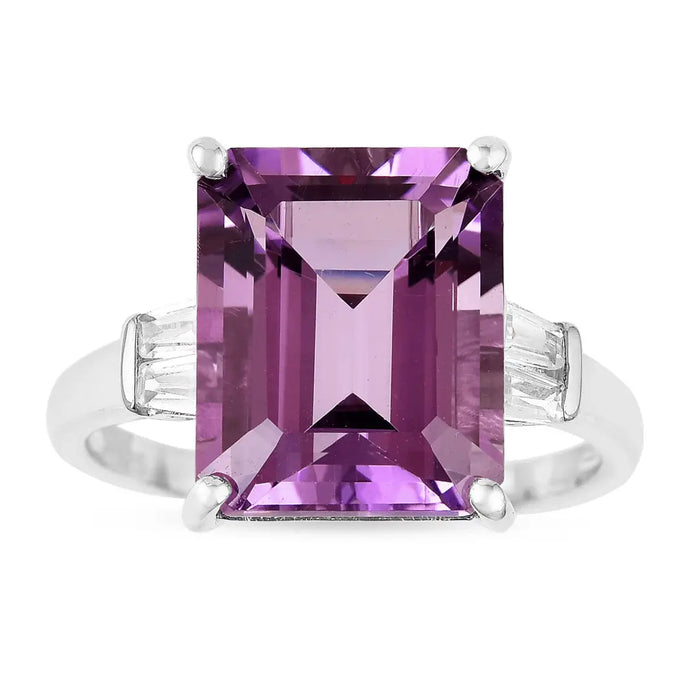 5.55 Ct Octagon Purple Amethyst and White Zircon Prong Silver Statement Ring by Fine Color Jewels
