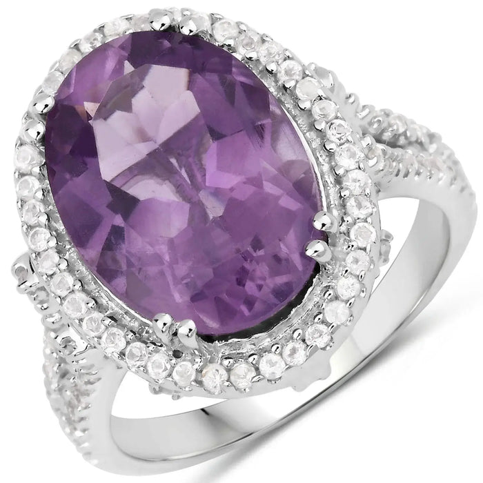 5.55 Ct Oval Purple Amethyst and White Topaz Prong Silver Halo Statement Ring by Fine Color Jewels