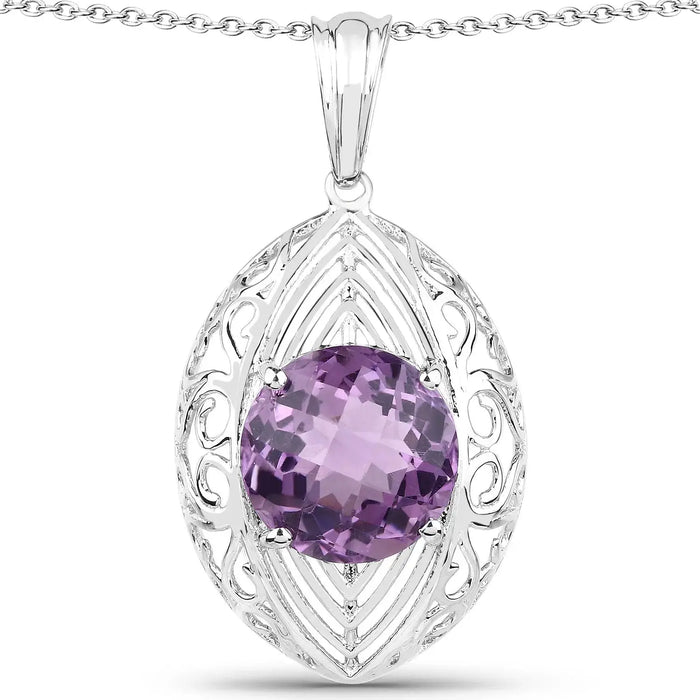 5.87 Ct Round Purple Amethyst Prong Silver Solitaire Pendant Necklace by Fine Color Jewels