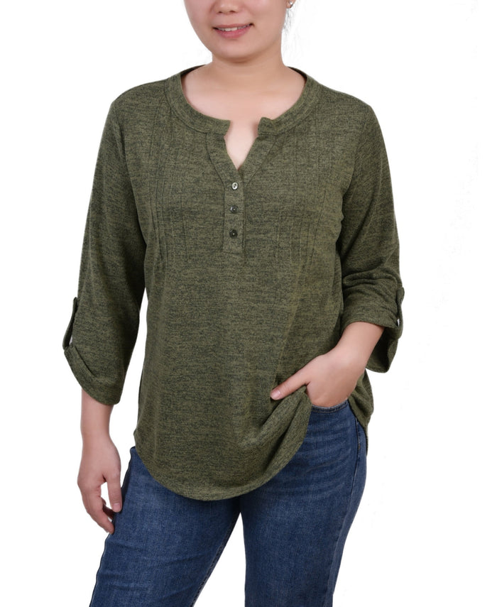 Ny Collection Womens 3/4 Roll Tab Sleeve Y-Neck Top, Large by Vanessa Jane