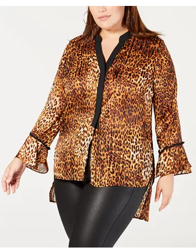 NY Collection Women Blouse Brown High Low Cheetah, Size 2XP by Vanessa Jane