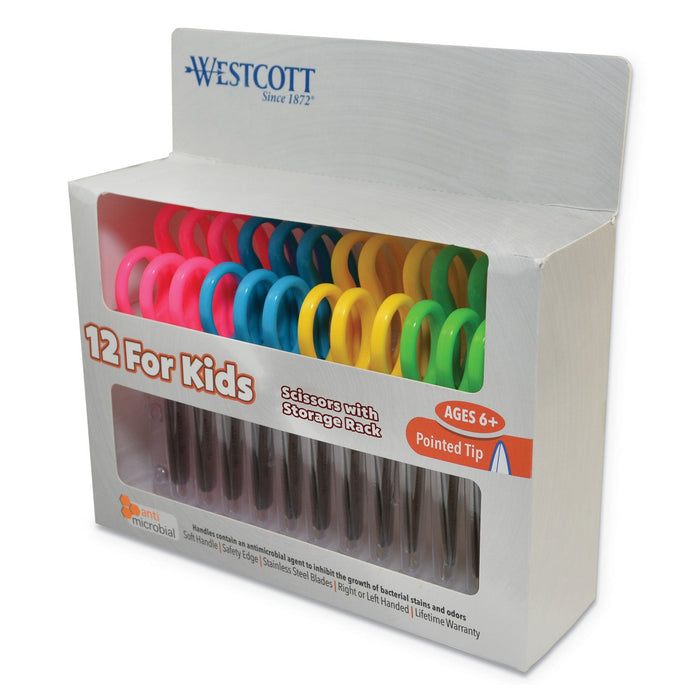 Westcott Kids' Scissors with Antimicrobial Protection, Pointed Tip, 5" Long, 2" Cut Length, Assorted Straight Handles, 12/Pack