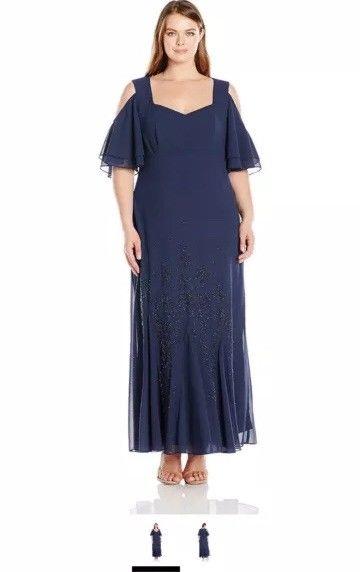 R&M Richards Women's Size Cold Shoulder Long Beaded Dress Plus, Navy, 14W by Vanessa Jane