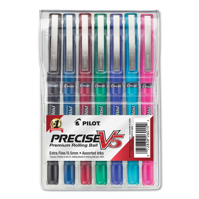 Pilot Precise V5 Roller Ball Pen, Stick, Extra-Fine 0.5 mm, Assorted Ink and Barrel Colors, 7/Pack