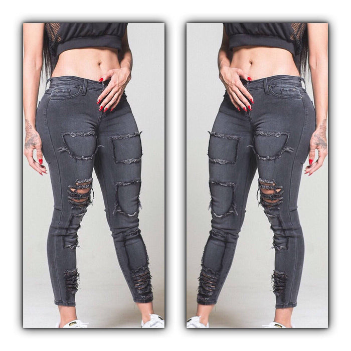 Black Washed Denim Patched Distressed Jeans by The House of Stylez