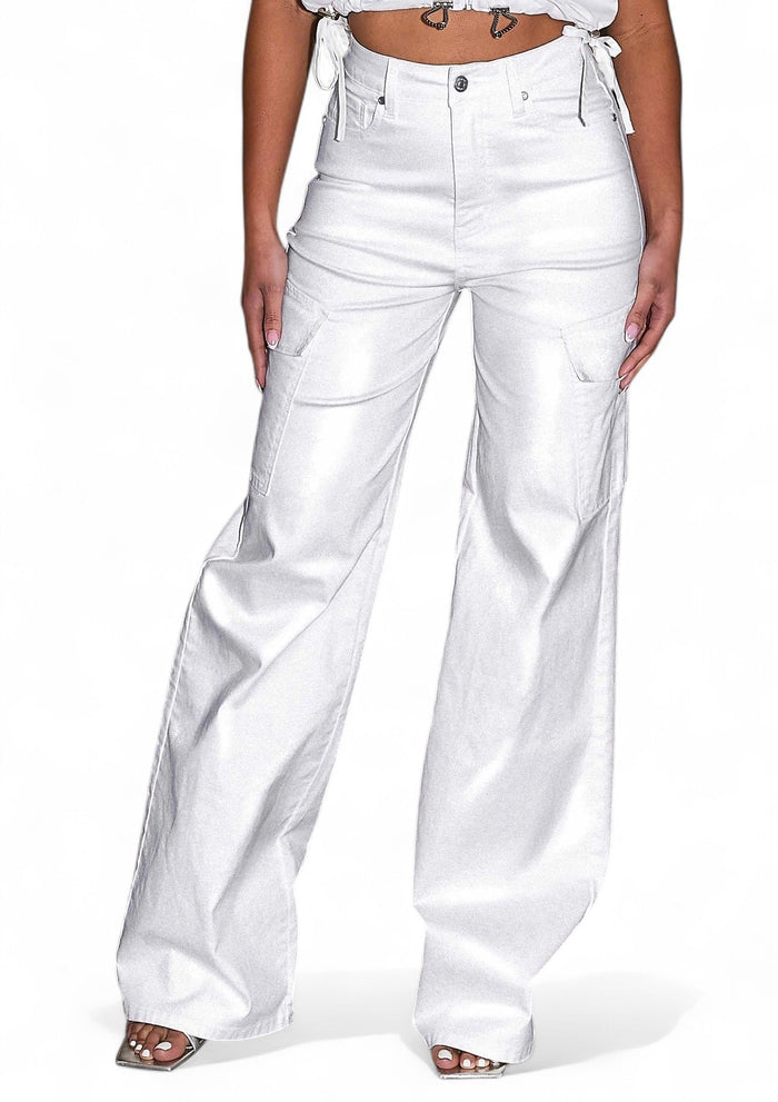 Water / Dirt Repellent White Coated Cargo Wide Leg Pants {Great Stretch} by The House of Stylez
