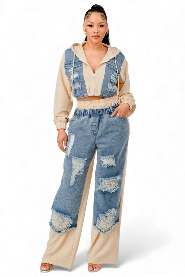 Denim Patchwork Hoodie & Wide-Leg Pant Set by The House of Stylez