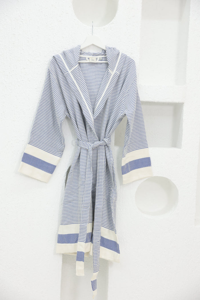 Cotton Navy Blue & White Bathrobe by NoaPure.com