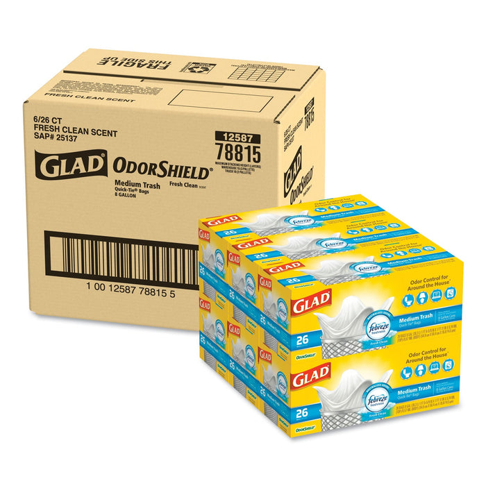 Glad OdorShield Medium Quick-Tie Trash Bags, 8 gal, 0.57 mil, 21.63" x 23", White, 156/Carton